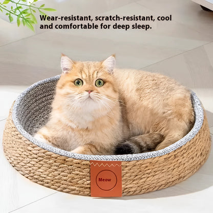 Rattan cat nest bed cage showing woven construction and elevated design for feline sleeping comfort