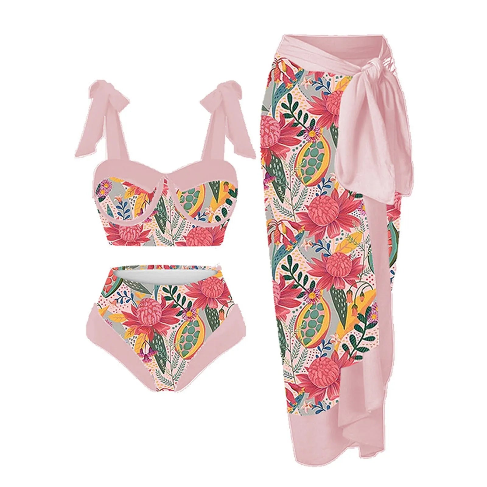 Women's pink and floral print split swimsuit three-piece set with skirt, bra, and panties.