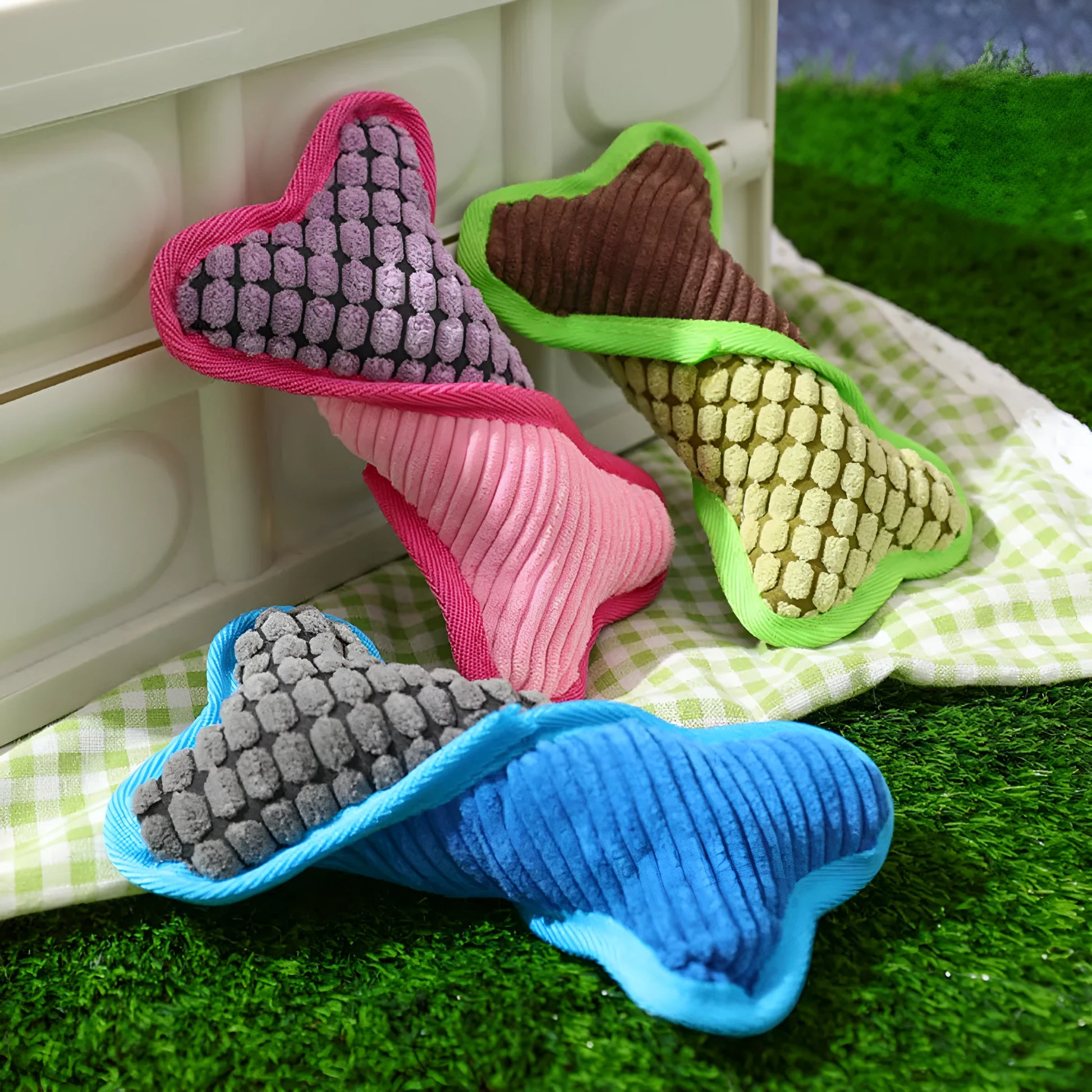 Blue plush teddy dog toy attached to a bone shape with corn fleece lining for bite-resistant chewing.