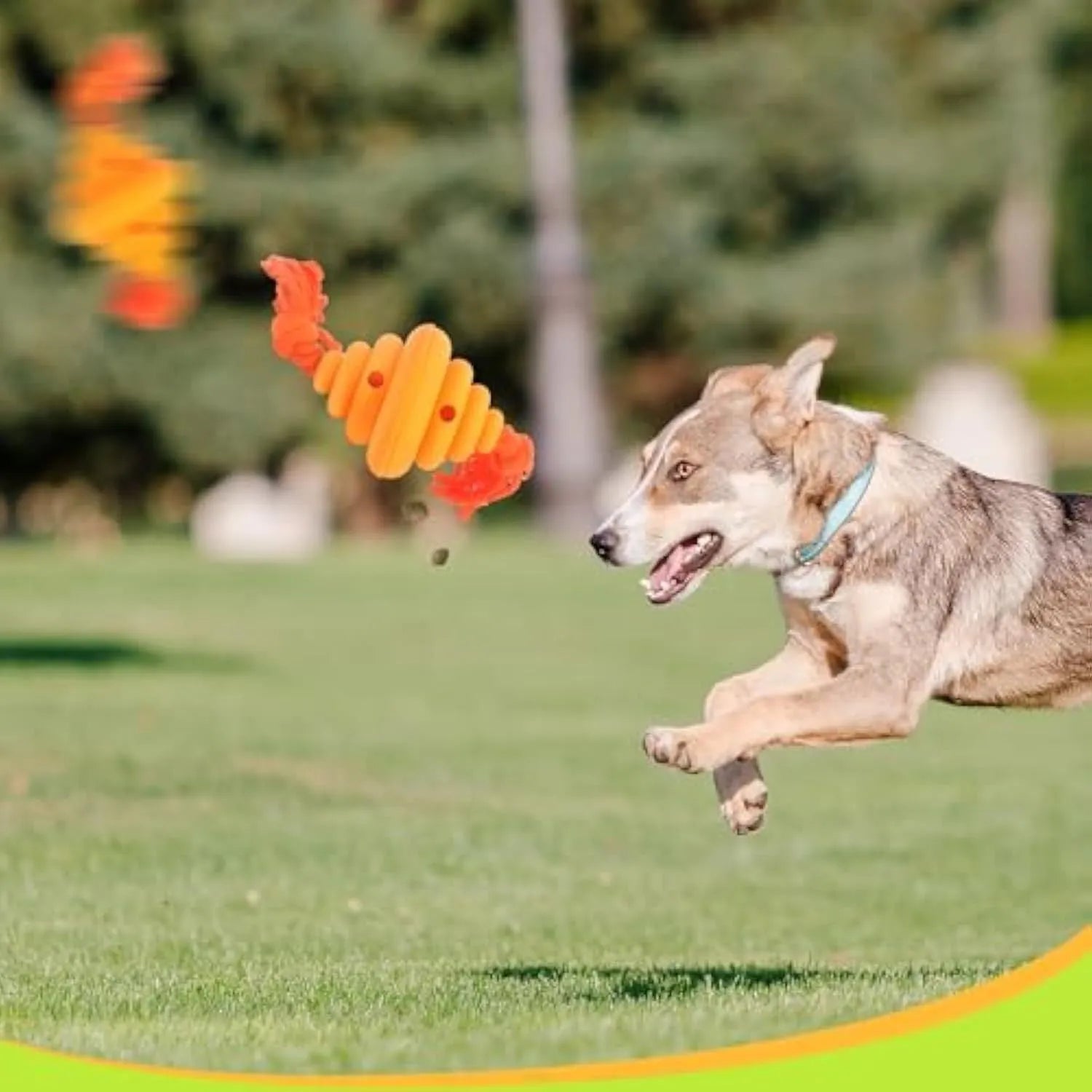Green and yellow dog ball with attached knotted rope chew and feeder toy on grass.