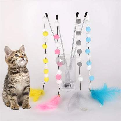 Blue cat teaser stick toy with a bell and a grey feather pompon, shown next to a grey and yellow version.