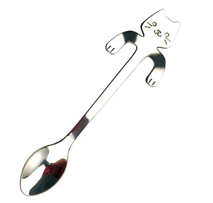 Stainless steel coffee spoon with cartoon cat handle showing hanging hole and smooth edges
