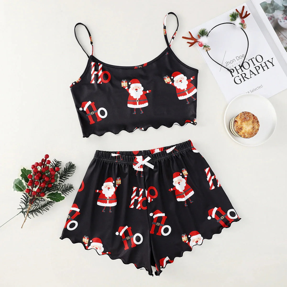 Christmas women's milk silk pajamas two-piece set with festive designs