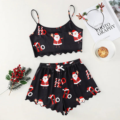 Christmas women's milk silk pajamas two-piece set with festive designs