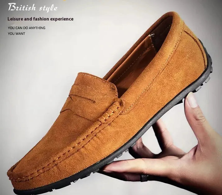 Men's suede casual loafers in brown with a round toe and rubber sole, shown in a UK plus size.