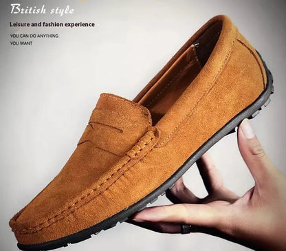 Men's suede casual loafers in brown with a round toe and rubber sole, shown in a UK plus size.