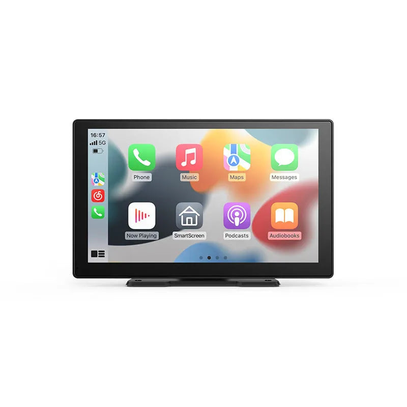 9-inch CarPlay driving recorder with touch screen display showing navigation and dual lens recording system