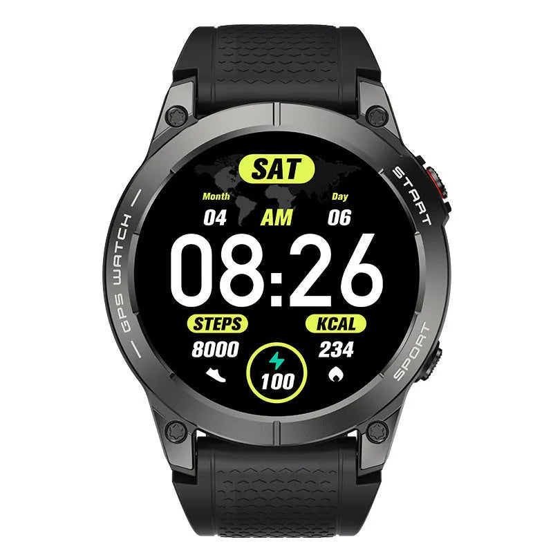 S53 outdoor GPS sports smart watch with black silicone band and 1.43-inch IPS touch screen display