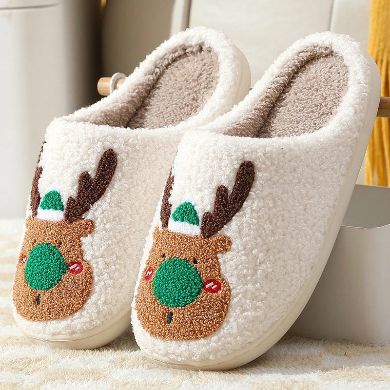 Cozy elk-themed winter home slippers in various candy colors with soft suede upper and supportive EVA sole