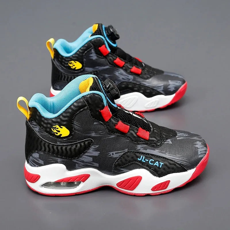 Cushion basketball running shoes with rotating button closure in black synthetic leather