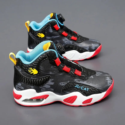 Cushion basketball running shoes with rotating button closure in black synthetic leather