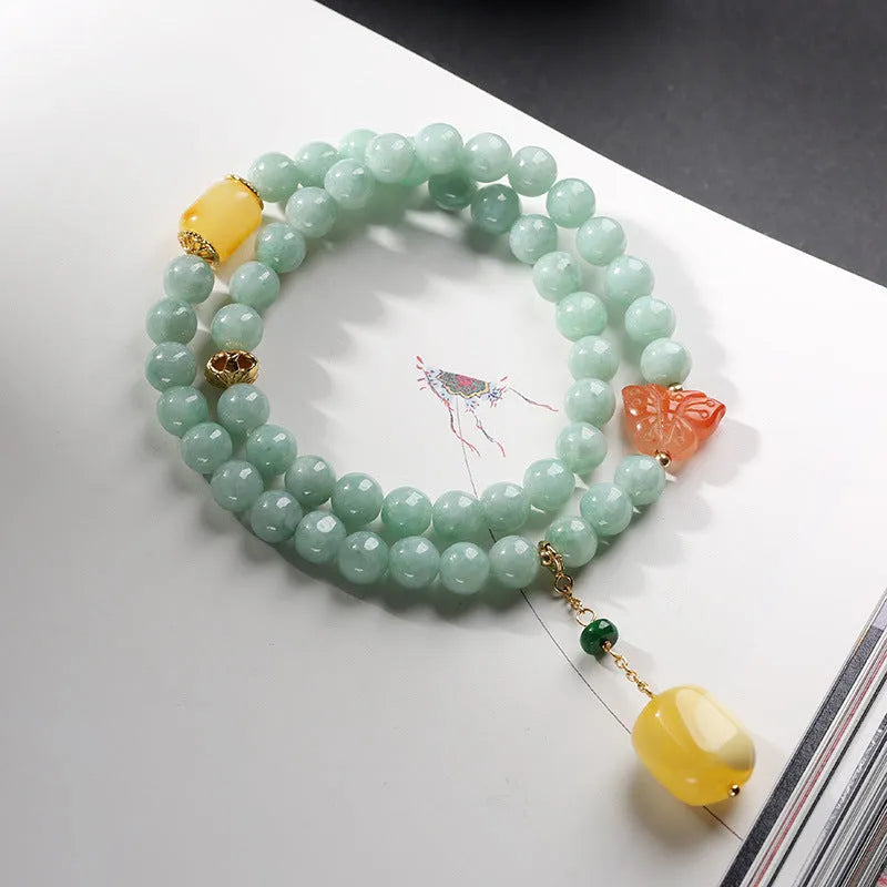 Double-layer retro women's bracelet with jade round beads and beeswax barrel beads in geometric design
