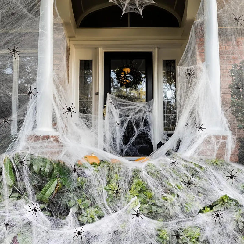 White cotton Halloween spider web decorations with multiple spiders in graduated weight options from 20g to 2000g
