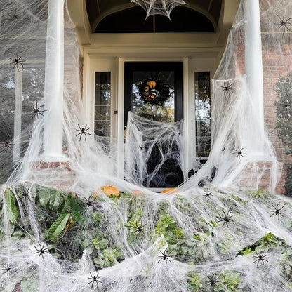 White cotton Halloween spider web decorations with multiple spiders in graduated weight options from 20g to 2000g
