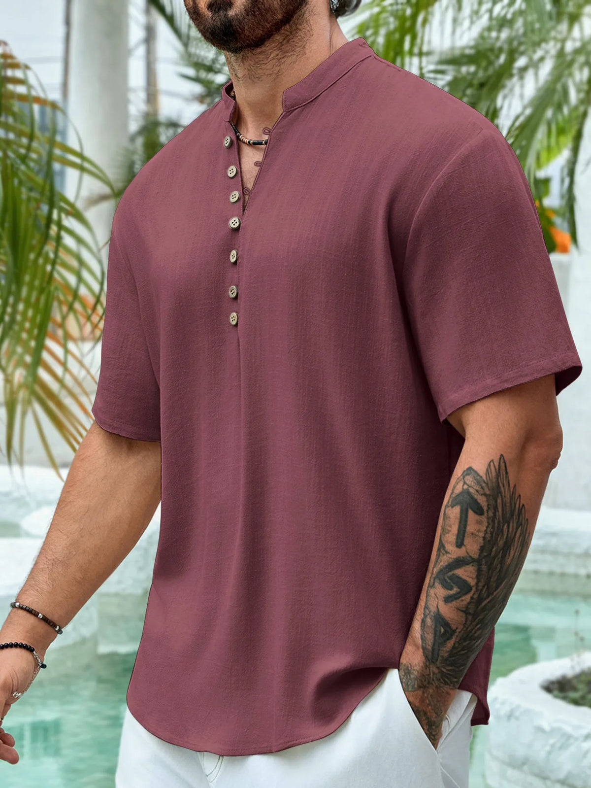 Men's deep V-neck short sleeve casual shirt in cotton linen blend available in multiple colours