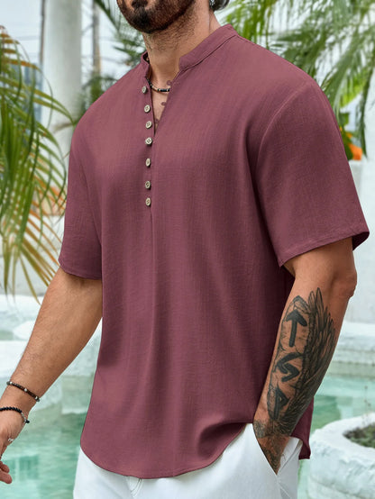 Men's deep V-neck short sleeve casual shirt in cotton linen blend available in multiple colours