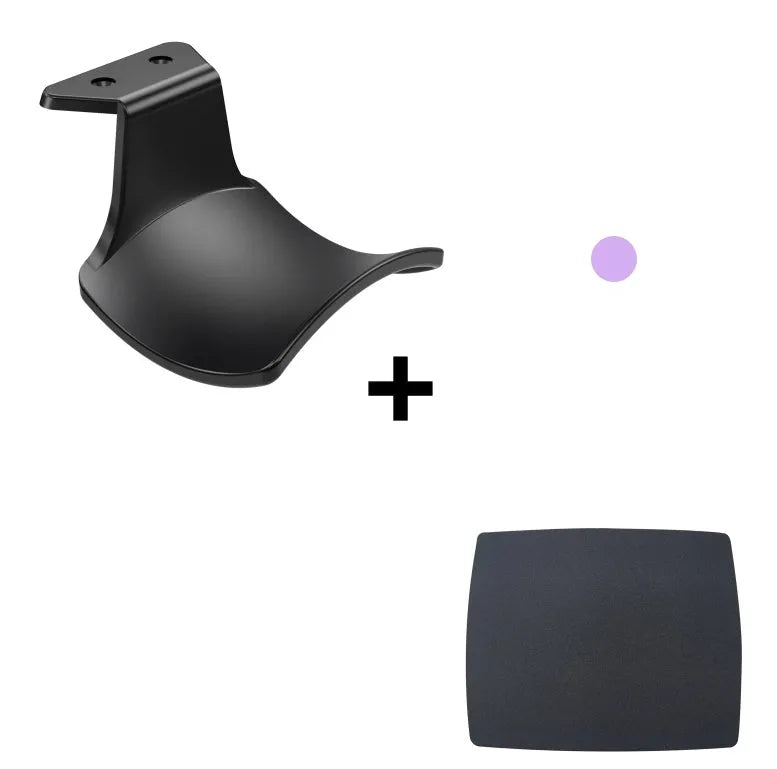 Black ABS plastic universal wall hanging rack for game controllers with adhesive pad and screws.
