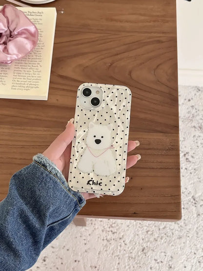 Polka dot West Highland dog TPU phone case in white feather yarn finish for Apple iPhone