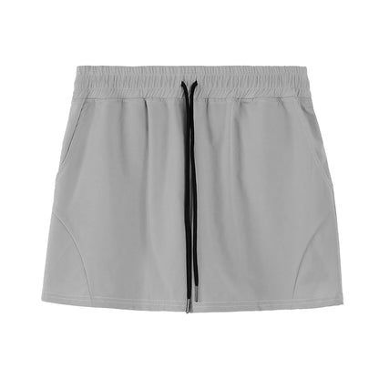 Men's thin grey polyester basketball shorts with an elastic waistband, shown laid flat.