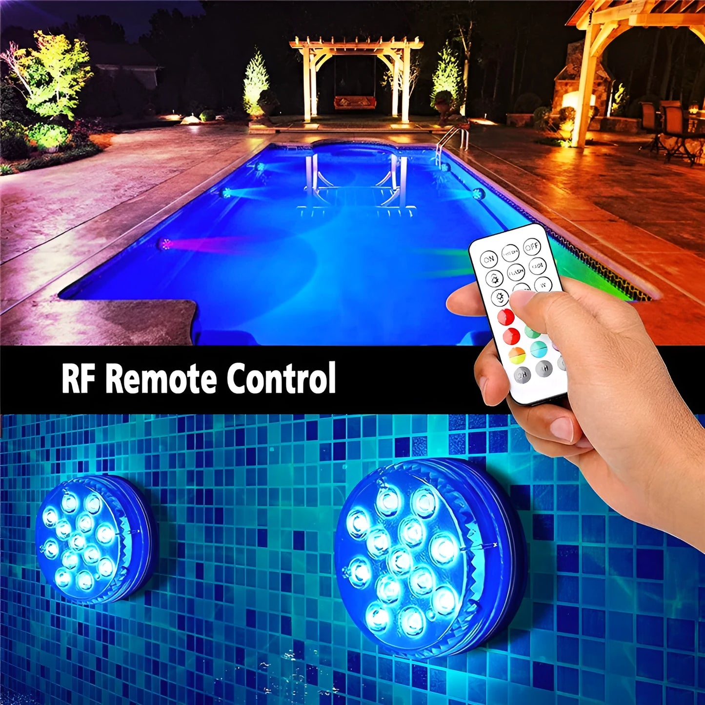 Remote control and small round IP68 waterproof colour-changing LED light for ponds.