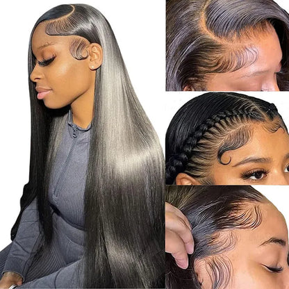 A long, straight human hair wig with a 13x4 lace front and centre-parted bangs, shown in a natural colour.