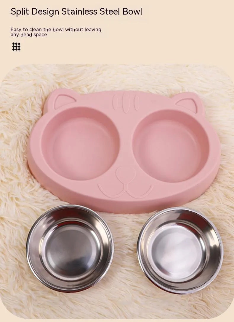 Stainless steel cat face bowl for cats in blue, green, or pink, single pet tableware bowl
