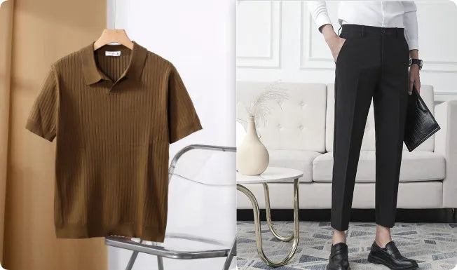 Striped jacquard sweater top and trousers set with American lapel and short sleeves, shown in black pants and brown top