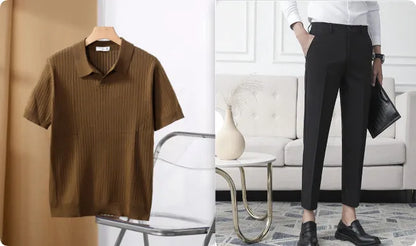 Striped jacquard sweater top and trousers set with American lapel and short sleeves, shown in black pants and brown top