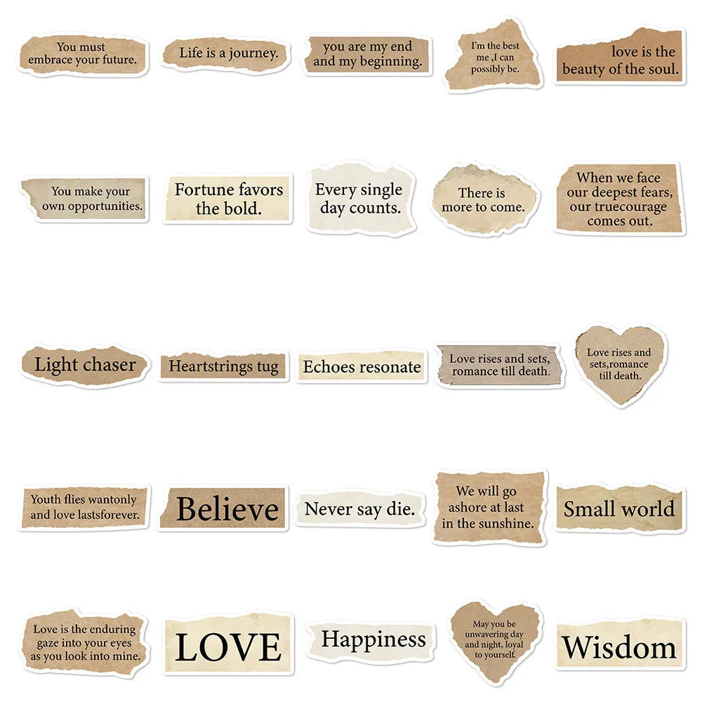 25 torn English text decorative stickers on PVC material with matte and bright film finishes, each measuring 4-7cm