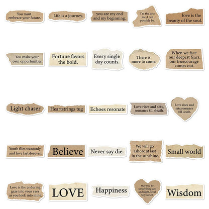 25 torn English text decorative stickers on PVC material with matte and bright film finishes, each measuring 4-7cm