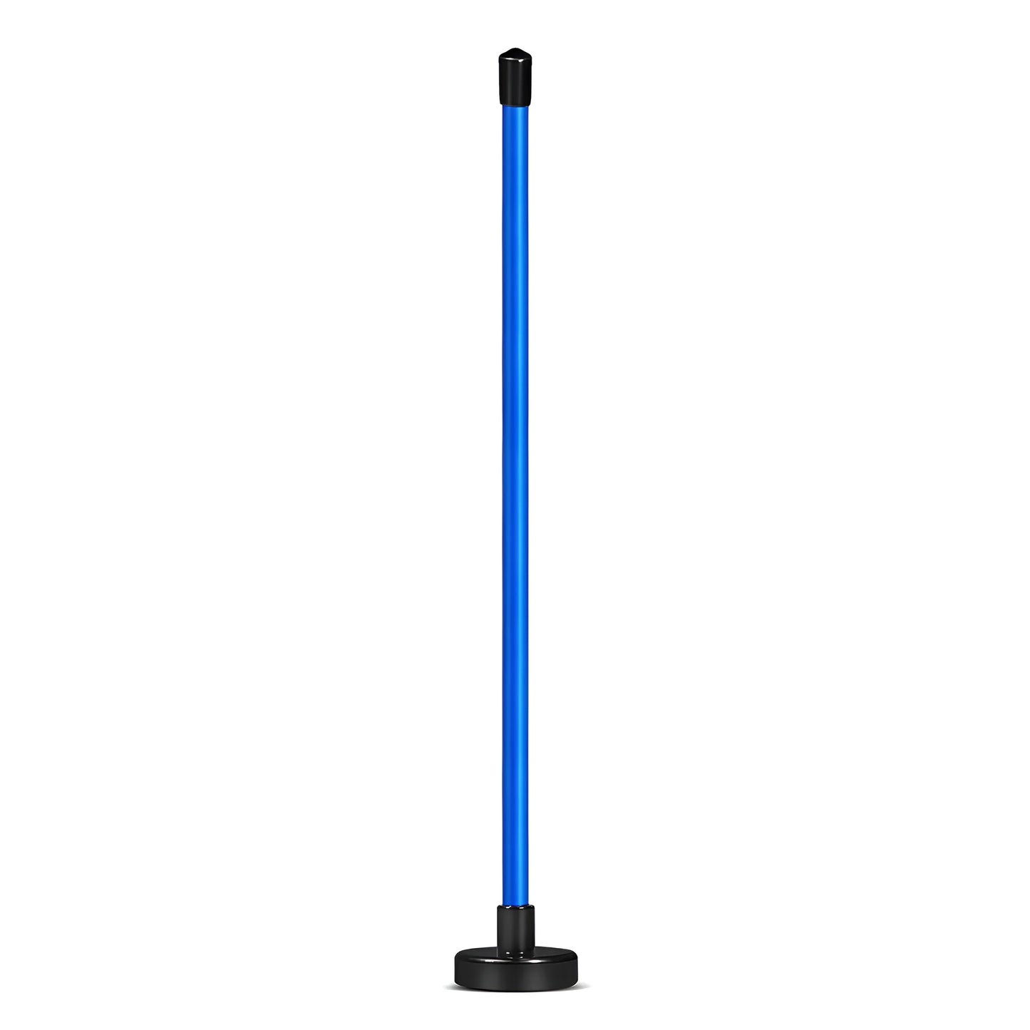 Red and blue aluminium alloy magnetic golf swing trainer bar attached to a golf club shaft.
