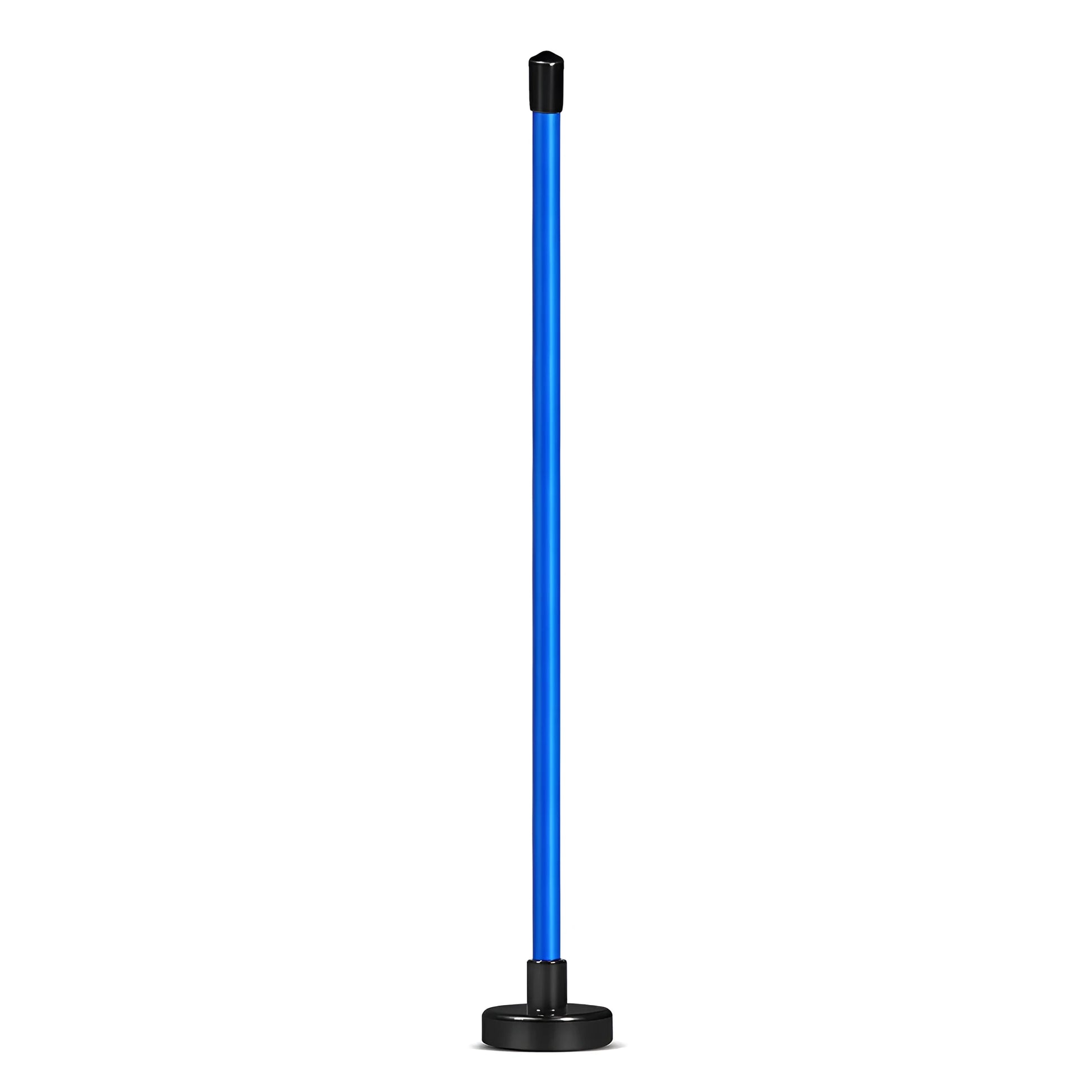 Red and blue aluminium alloy magnetic golf swing trainer bar attached to a golf club shaft.