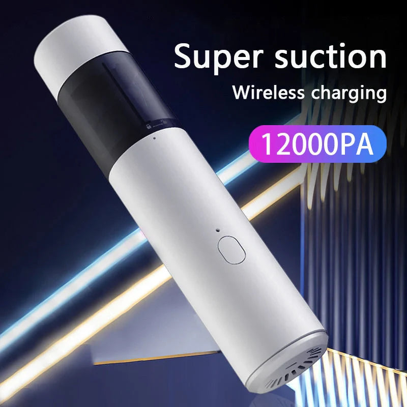 Mini car vacuum cleaner with wireless charging in black and white