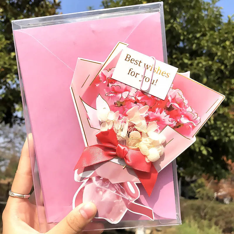 Handmade 3D butterfly greeting card with stand-up artificial flowers on coated paper, 16x10.5cm