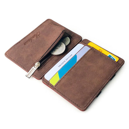 Korean style matte leather magic wallet showing horizontal square design and coin pocket