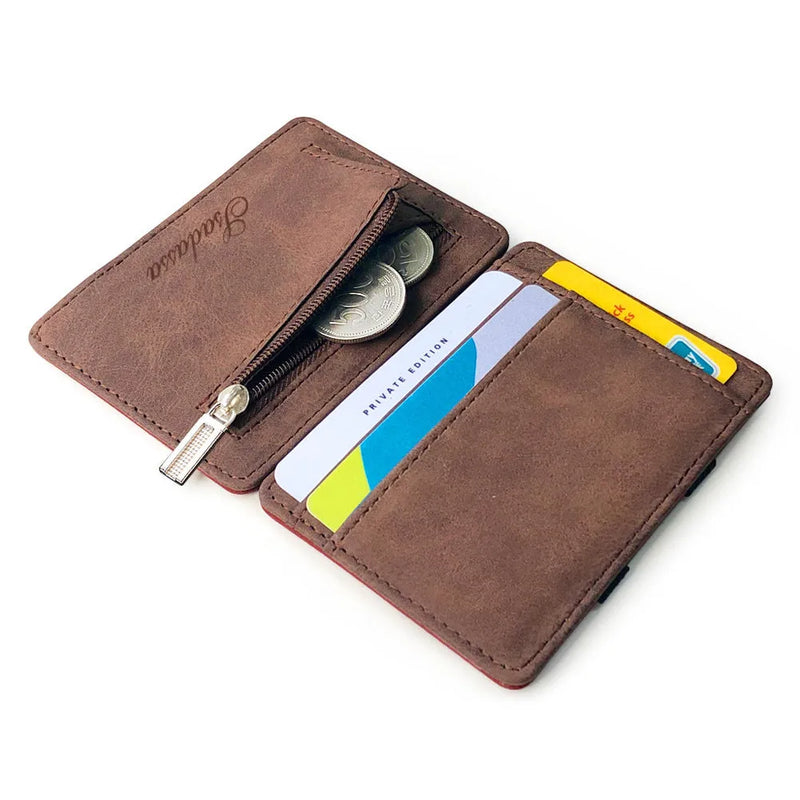 Matte leather Korean style magic wallet for adults, 10x7.5x0.5cm horizontal square coin purse with coin pocket and medium hard construction in black, blue, brown, coffee or light grey