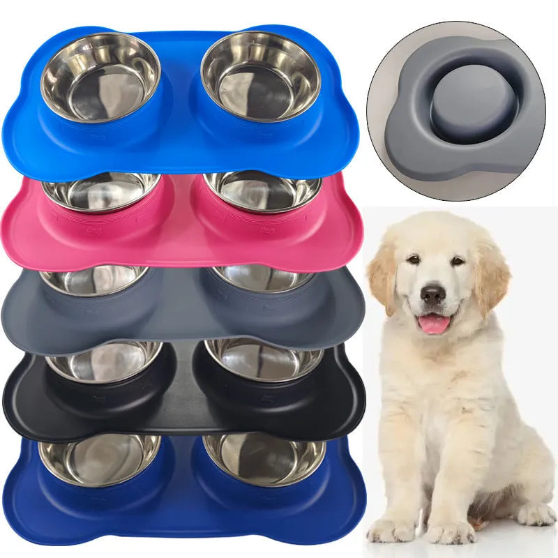 Large silicone dog bowl with stainless steel insert in five colour options on kitchen floor