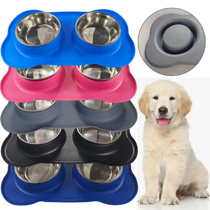 Large silicone dog bowl with stainless steel insert in five colour options on kitchen floor