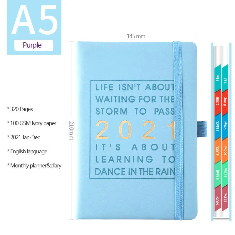 Daily planning clocking table calendar with imitation leather cover in blue, pink, red, yellow, or light blue.