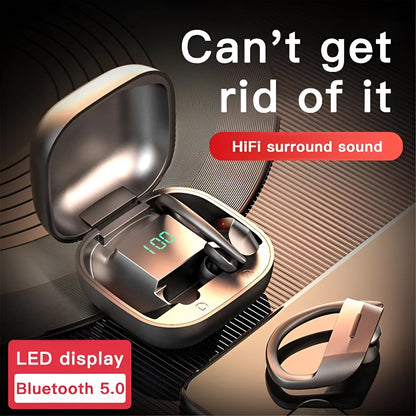 In-ear wireless headphones with Bluetooth 5.0, hanging ear design, NFC, and multi-point connection in Black or White