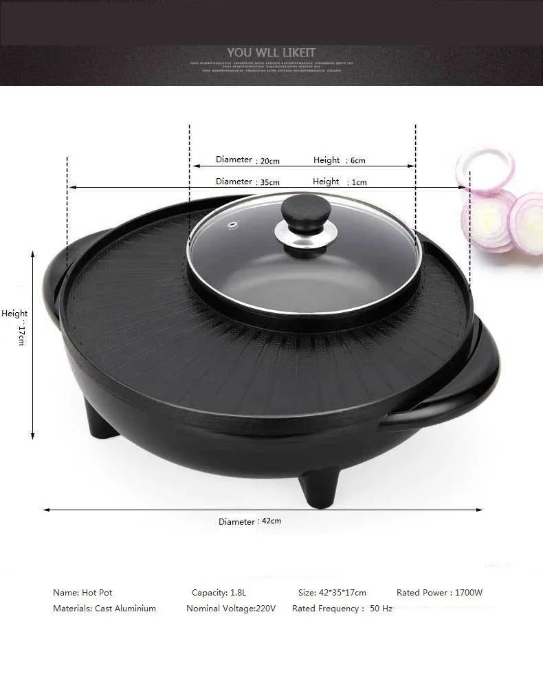 Multifunctional electric pot and grill with 1400-watt heating, 5-speed temperature control, and 5-6L capacity for authentic Korean hot pot experiences