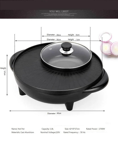 Multifunctional electric pot and grill with 1400-watt heating, 5-speed temperature control, and 5-6L capacity for authentic Korean hot pot experiences