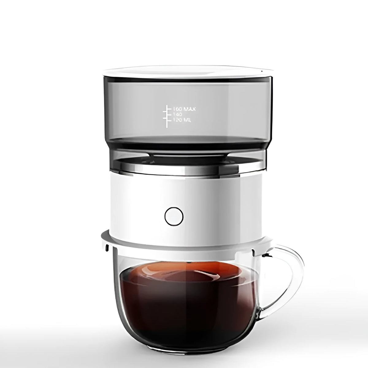 White smart pour-over coffee maker with stainless steel filter on kitchen countertop