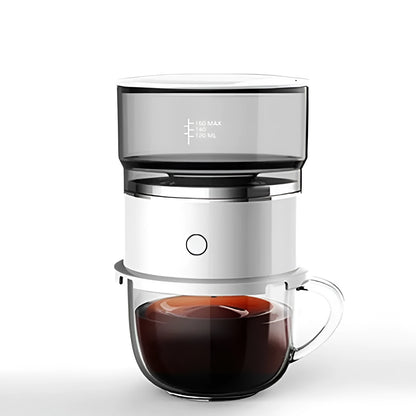 White smart pour-over coffee maker with stainless steel filter on kitchen countertop