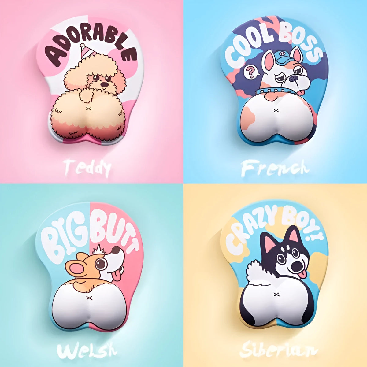 Corgi-shaped 3D mouse pad with wrist support cushion in blue, green, pink or yellow colour options