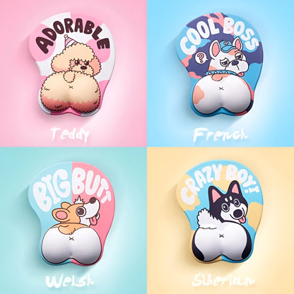 Corgi-shaped 3D mouse pad with wrist support cushion in blue, green, pink or yellow colour options