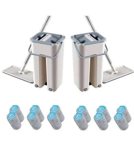 Blue flat floor mop with rotating head and microfiber pad beside plastic bucket for floor cleaning