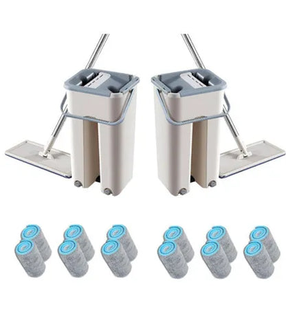 Blue flat floor mop with rotating head and microfiber pad beside plastic bucket for floor cleaning