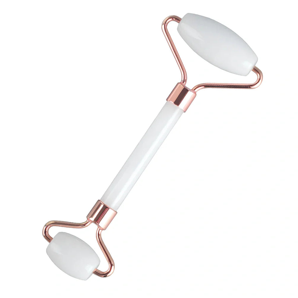 White jade facial roller set with double-headed design and scraping board for gua sha massage