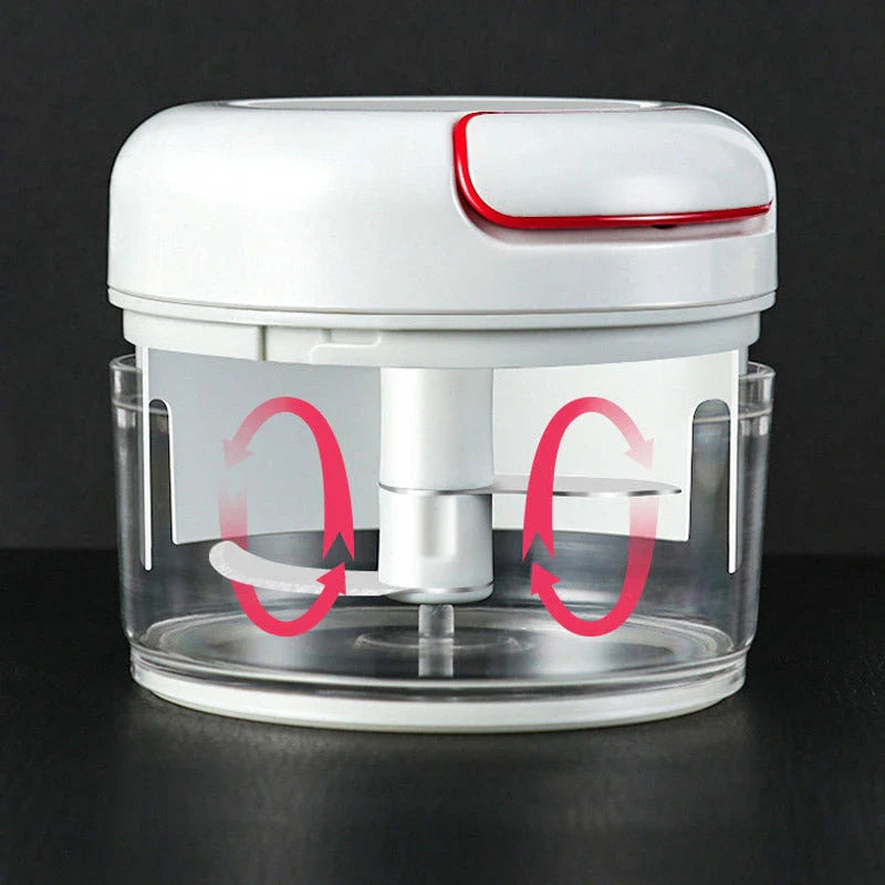 A versatile manual food chopper with self-locking blade mechanism, suitable for chopping a variety of ingredients in the kitchen.